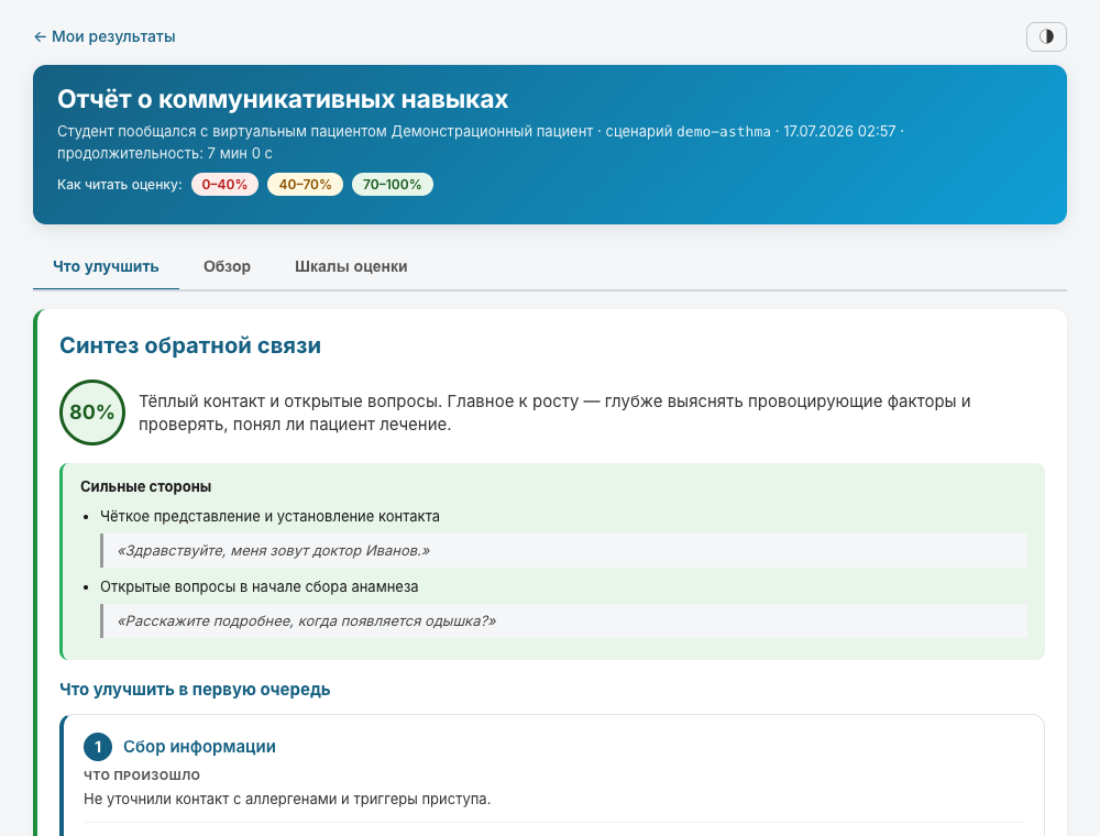 Реальный экран отчёта ClinTalk с обратной связью